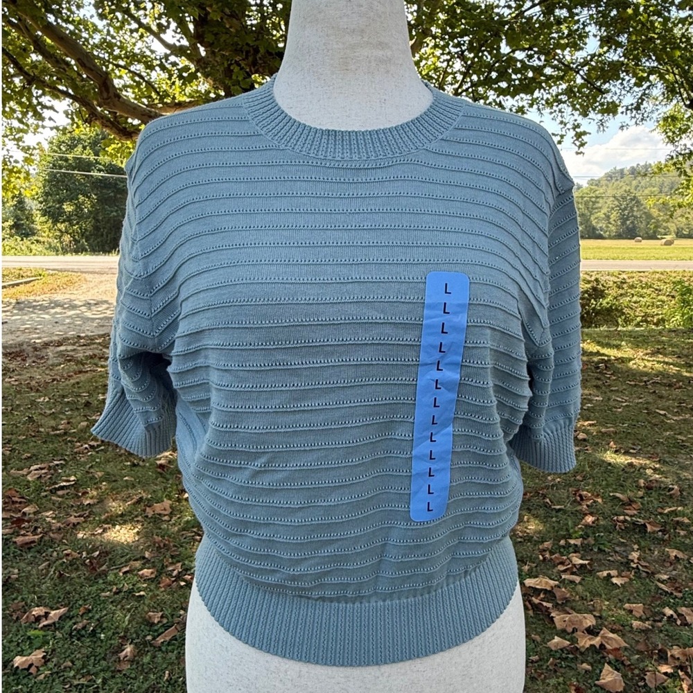 Frye Womens Blue Textured Cotton Short Sleeve Knit Sweater Top Large NWT Casual